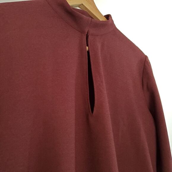 Ann Taylor | Wine Red Pleated Bell Sleeve Keyhole Blouse Top - Picture 4 of 7